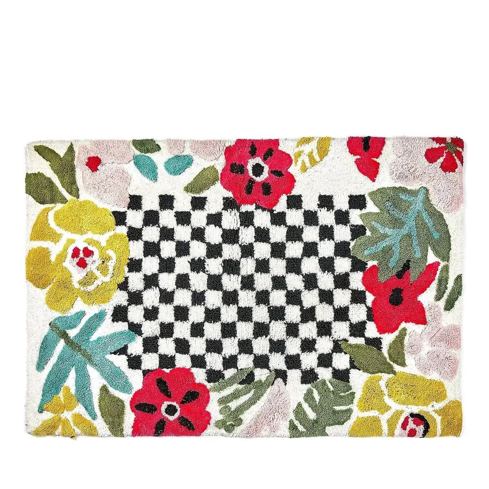 NEW MacKenzie-Childs Flower Checkerboard Bath Rug 100% Cotton 24